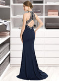 Harper Sheath/Column Scoop Neck Sweep Train Jersey Prom Dresses With Beading Sequins Split Front UKP0014455