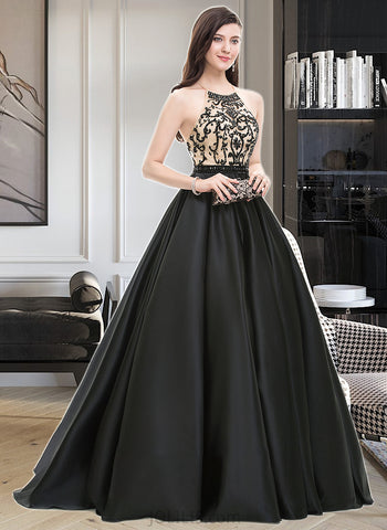 Yamilet Ball-Gown/Princess Scoop Neck Sweep Train Satin Prom Dresses With Beading Sequins UKP0014456