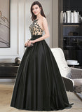 Yamilet Ball-Gown/Princess Scoop Neck Sweep Train Satin Prom Dresses With Beading Sequins UKP0014456