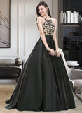 Yamilet Ball-Gown/Princess Scoop Neck Sweep Train Satin Prom Dresses With Beading Sequins UKP0014456