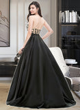 Yamilet Ball-Gown/Princess Scoop Neck Sweep Train Satin Prom Dresses With Beading Sequins UKP0014456