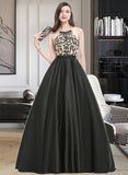 Yamilet Ball-Gown/Princess Scoop Neck Sweep Train Satin Prom Dresses With Beading Sequins UKP0014456