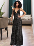 Madalyn Sheath/Column V-neck Floor-Length Sequined Prom Dresses With Sequins UKP0014459