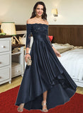 Madelyn A-Line Off-the-Shoulder Asymmetrical Satin Prom Dresses With Ruffle Sequins UKP0014465