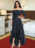 Madelyn A-Line Off-the-Shoulder Asymmetrical Satin Prom Dresses With Ruffle Sequins UKP0014465