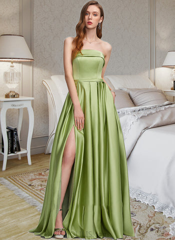 Elisabeth Ball-Gown/Princess Strapless Floor-Length Satin Prom Dresses With Split Front Pockets UKP0014468