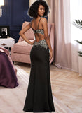 Jaelynn Trumpet/Mermaid V-neck Floor-Length Stretch Crepe Prom Dresses With Sequins Split Front UKP0014469