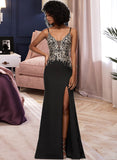 Jaelynn Trumpet/Mermaid V-neck Floor-Length Stretch Crepe Prom Dresses With Sequins Split Front UKP0014469