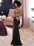 Jaelynn Trumpet/Mermaid V-neck Floor-Length Stretch Crepe Prom Dresses With Sequins Split Front UKP0014469