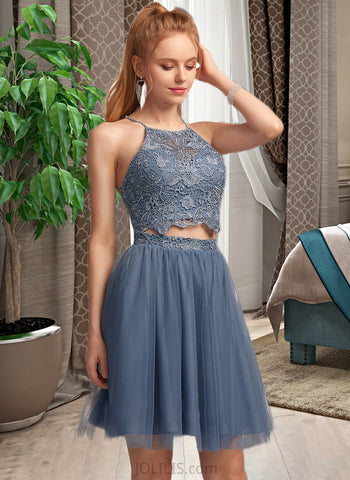 Charlie A-Line Scoop Neck Short/Mini Tulle Prom Dresses With Beading Sequins UKP0014470