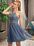 Charlie A-Line Scoop Neck Short/Mini Tulle Prom Dresses With Beading Sequins UKP0014470