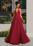 Marcia Ball-Gown/Princess Halter Floor-Length Tulle Prom Dresses With Lace Sequins UKP0014471