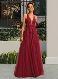 Marcia Ball-Gown/Princess Halter Floor-Length Tulle Prom Dresses With Lace Sequins UKP0014471