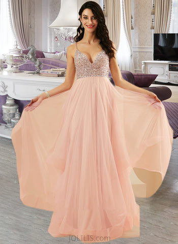 Alexia A-Line V-neck Floor-Length Tulle Prom Dresses With Beading Sequins UKP0014472