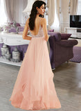 Alexia A-Line V-neck Floor-Length Tulle Prom Dresses With Beading Sequins UKP0014472