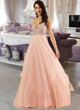 Alexia A-Line V-neck Floor-Length Tulle Prom Dresses With Beading Sequins UKP0014472