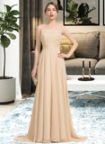 Rosalyn A-Line Square Neckline Sweep Train Chiffon Prom Dresses With Beading Sequins UKP0014475