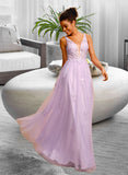 Brooklynn Ball-Gown/Princess V-neck Floor-Length Tulle Prom Dresses With Lace UKP0014476