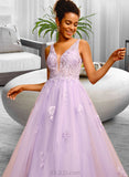 Brooklynn Ball-Gown/Princess V-neck Floor-Length Tulle Prom Dresses With Lace UKP0014476