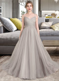 Janae Ball-Gown/Princess V-neck Floor-Length Tulle Prom Dresses With Ruffle Beading UKP0014479