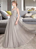 Janae Ball-Gown/Princess V-neck Floor-Length Tulle Prom Dresses With Ruffle Beading UKP0014479