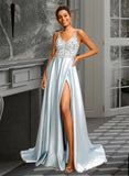 Vivienne Ball-Gown/Princess V-neck Sweep Train Satin Prom Dresses With Beading UKP0014480