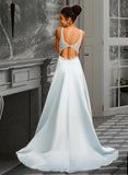 Vivienne Ball-Gown/Princess V-neck Sweep Train Satin Prom Dresses With Beading UKP0014480