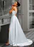 Vivienne Ball-Gown/Princess V-neck Sweep Train Satin Prom Dresses With Beading UKP0014480