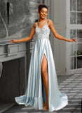 Vivienne Ball-Gown/Princess V-neck Sweep Train Satin Prom Dresses With Beading UKP0014480