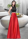 Ellen Ball-Gown/Princess Scoop Neck Floor-Length Satin Prom Dresses With Pockets UKP0014481