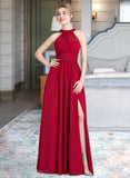 Ximena A-Line Scoop Neck Floor-Length Chiffon Prom Dresses With Ruffle Bow(s) Split Front UKP0014482