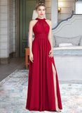 Ximena A-Line Scoop Neck Floor-Length Chiffon Prom Dresses With Ruffle Bow(s) Split Front UKP0014482