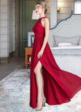 Ximena A-Line Scoop Neck Floor-Length Chiffon Prom Dresses With Ruffle Bow(s) Split Front UKP0014482