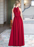 Ximena A-Line Scoop Neck Floor-Length Chiffon Prom Dresses With Ruffle Bow(s) Split Front UKP0014482