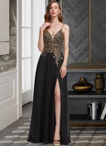 Nellie A-Line V-neck Floor-Length Chiffon Prom Dresses With Lace Sequins Split Front UKP0014483