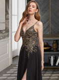 Nellie A-Line V-neck Floor-Length Chiffon Prom Dresses With Lace Sequins Split Front UKP0014483