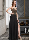 Nellie A-Line V-neck Floor-Length Chiffon Prom Dresses With Lace Sequins Split Front UKP0014483