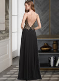 Nellie A-Line V-neck Floor-Length Chiffon Prom Dresses With Lace Sequins Split Front UKP0014483