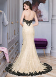 Audrey Trumpet/Mermaid Sweetheart Sweep Train Lace Prom Dresses With Sequins Split Front UKP0014486