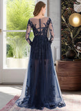 Emmalee A-Line Scoop Neck Floor-Length Tulle Prom Dresses With Beading Sequins UKP0014489