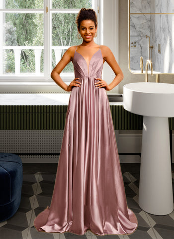 Victoria Ball-Gown/Princess V-neck Sweep Train Satin Prom Dresses UKP0014491