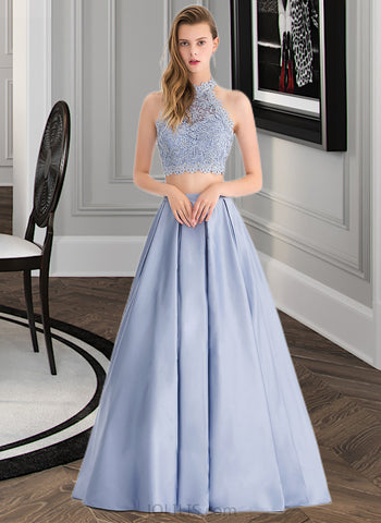 Lilliana Ball-Gown/Princess Scoop Neck Floor-Length Satin Prom Dresses With Beading Sequins UKP0014496