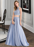 Lilliana Ball-Gown/Princess Scoop Neck Floor-Length Satin Prom Dresses With Beading Sequins UKP0014496