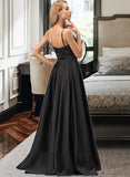 Harmony A-Line V-neck Floor-Length Satin Prom Dresses With Sequins UKP0014497