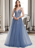 Christine A-Line V-neck Floor-Length Tulle Prom Dresses With Sequins UKP0014498