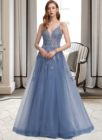 Christine A-Line V-neck Floor-Length Tulle Prom Dresses With Sequins UKP0014498