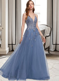 Christine A-Line V-neck Floor-Length Tulle Prom Dresses With Sequins UKP0014498