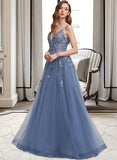 Christine A-Line V-neck Floor-Length Tulle Prom Dresses With Sequins UKP0014498