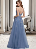 Christine A-Line V-neck Floor-Length Tulle Prom Dresses With Sequins UKP0014498