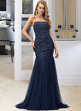 Janae Trumpet/Mermaid Square Neckline Sweep Train Tulle Prom Dresses With Lace Sequins UKP0014501